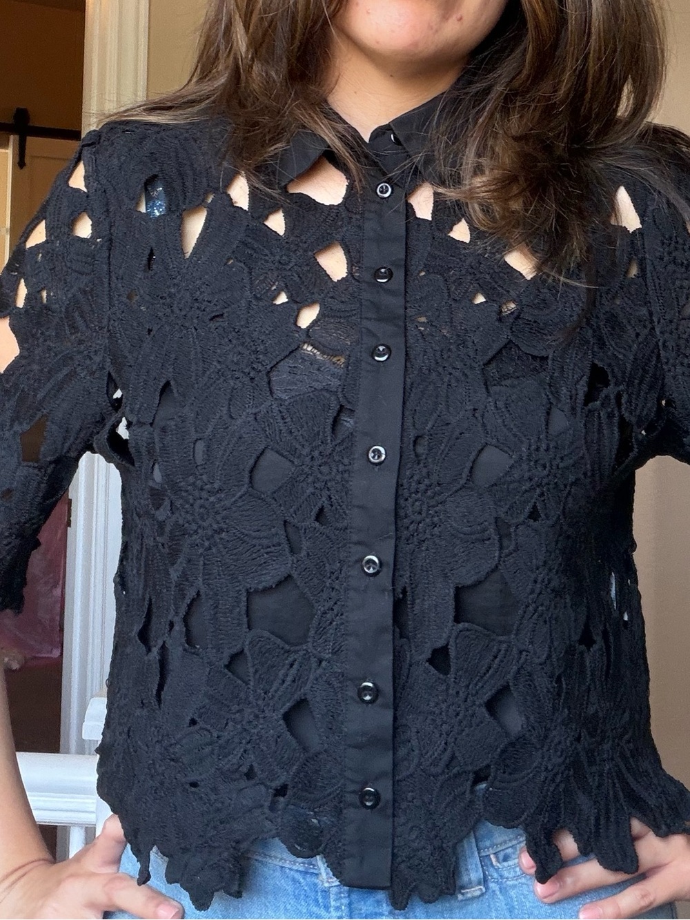 Black Floral Lace Button Front Blouse Size M - Picture 5 of 7